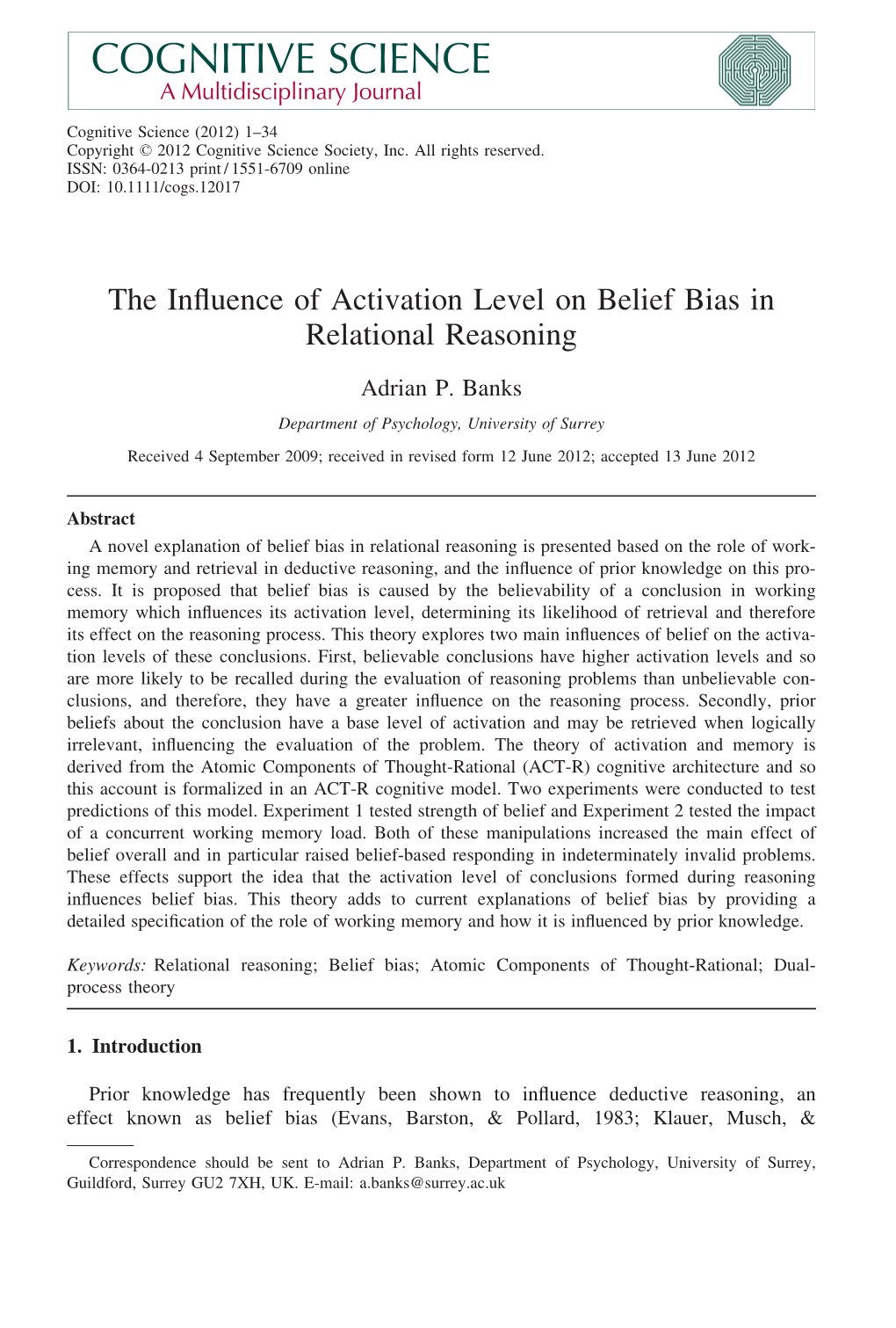The Influence of Activation Level on Belief Bias in Relational Reasoning