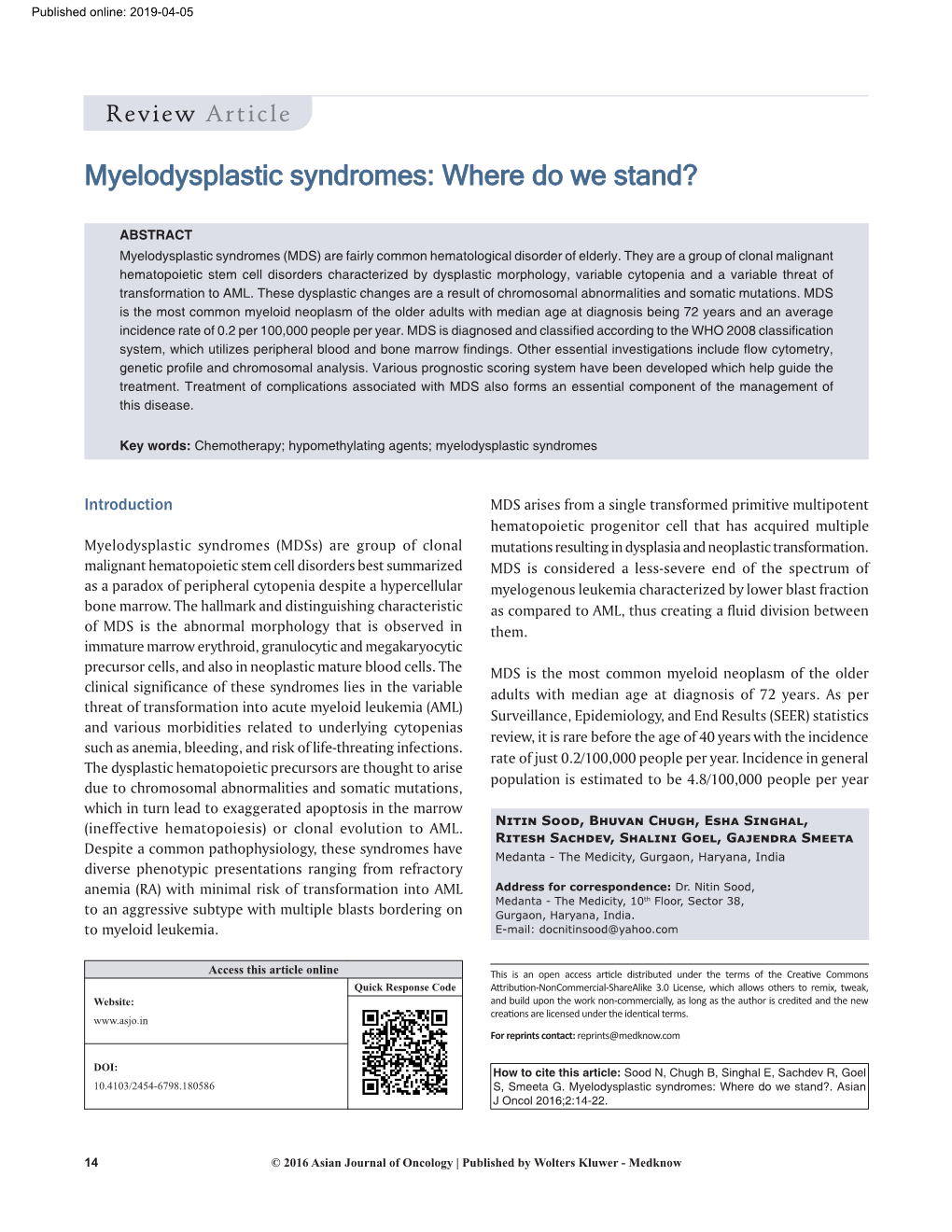 Myelodysplastic Syndromes: Where Do We Stand?