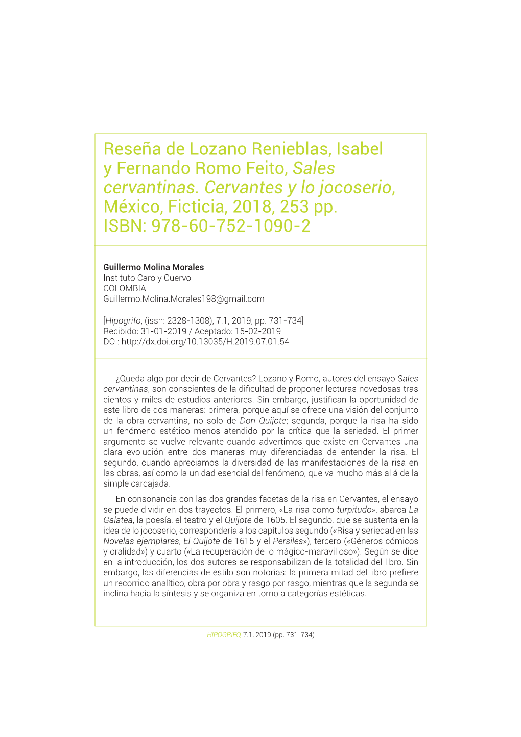 Reseña De Lozano Renieblas, Isabel Y Fernando Romo Feito,«Sales