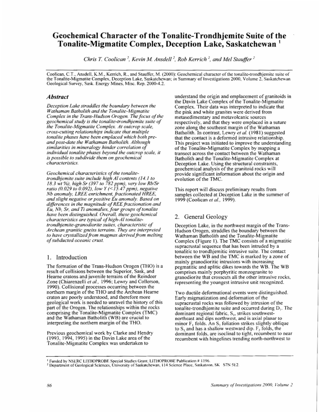 Geochemical Character of the Tonalite-Trondhjemite Suite of the Tonalite-Migmatite Complex, Deception Lake, Saskatchewan I