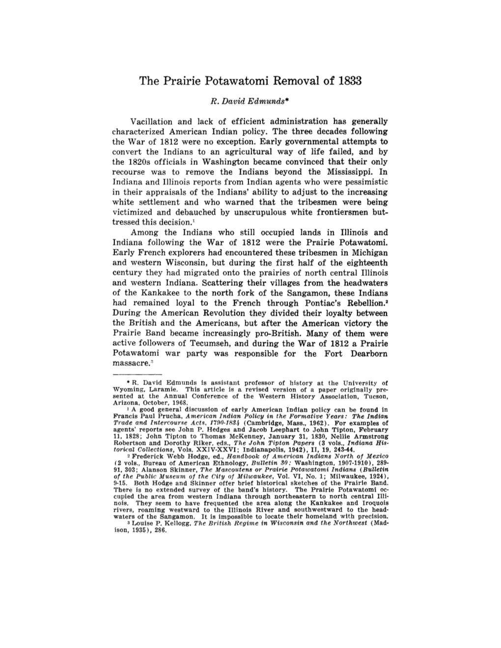 The Prairie Potawatomi Removal of 1833