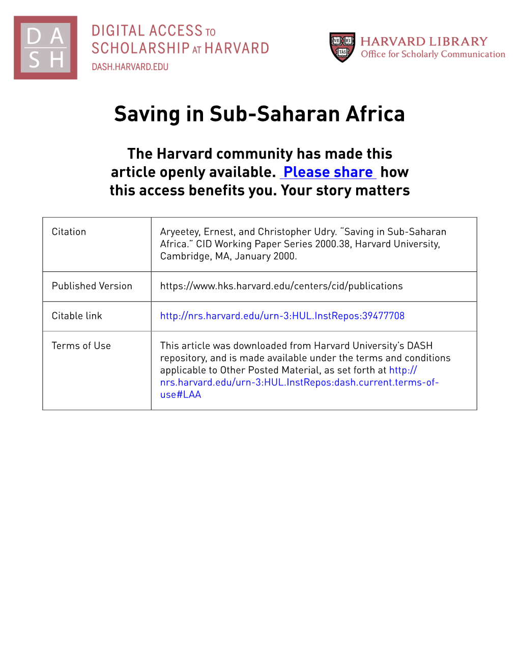 CID Working Paper No. 038 :: Saving in Sub-Saharan Africa by Ernest