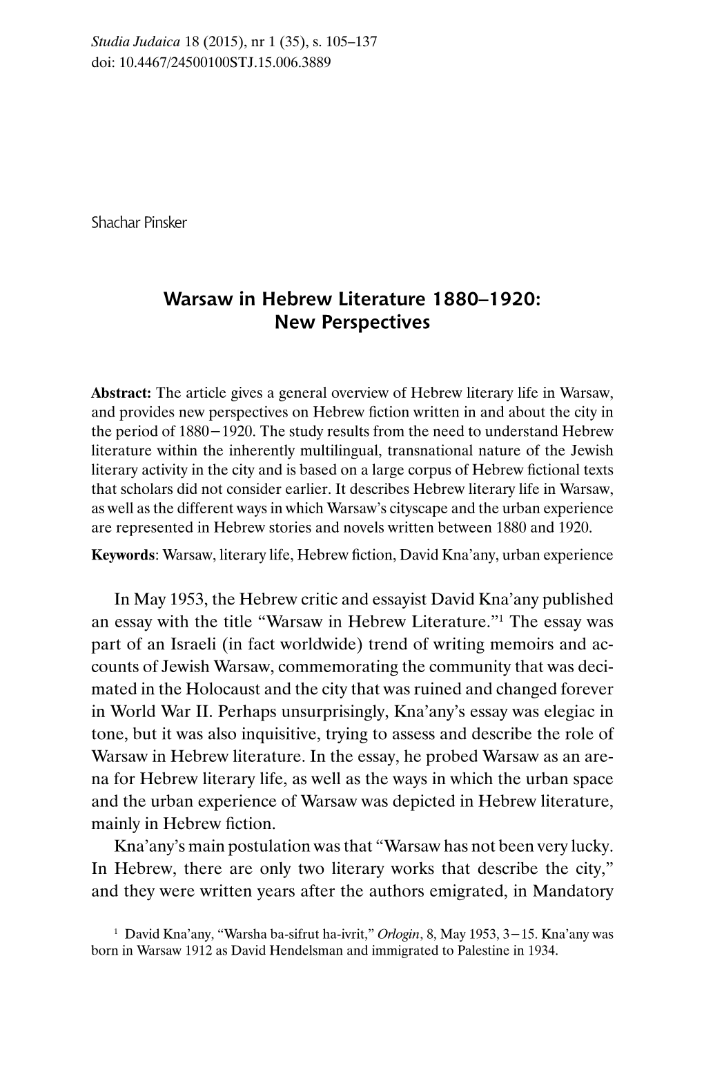 Warsaw in Hebrew Literature 1880–1920: New Perspectives