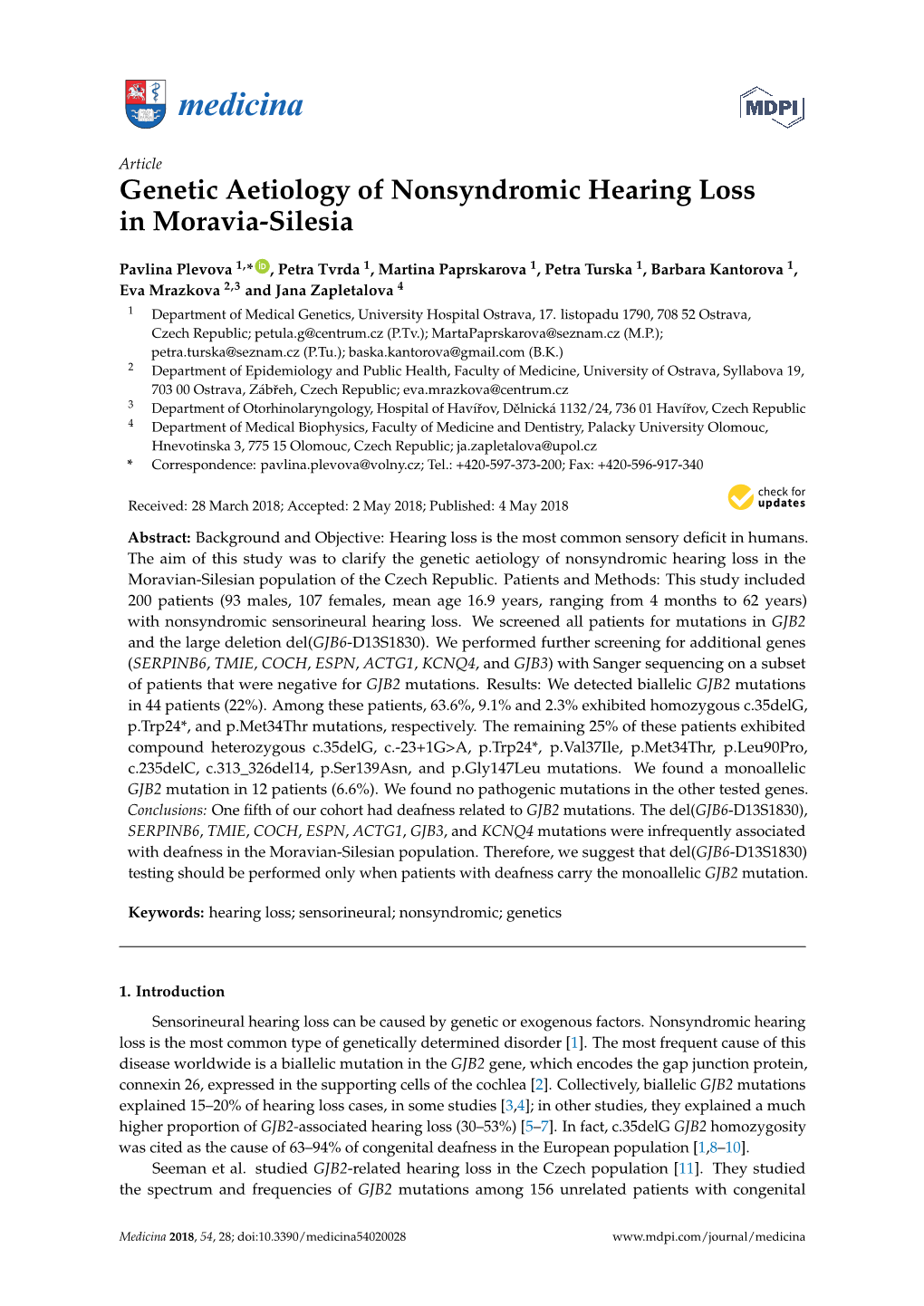 Genetic Aetiology of Nonsyndromic Hearing Loss in Moravia-Silesia