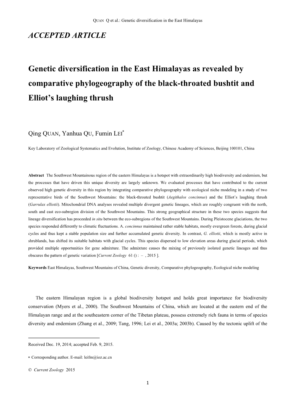 Genetic Diversification in the East Himalayas As Revealed by Comparative Phylogeography of the Black-Throated Bushtit and Elliot’S Laughing Thrush