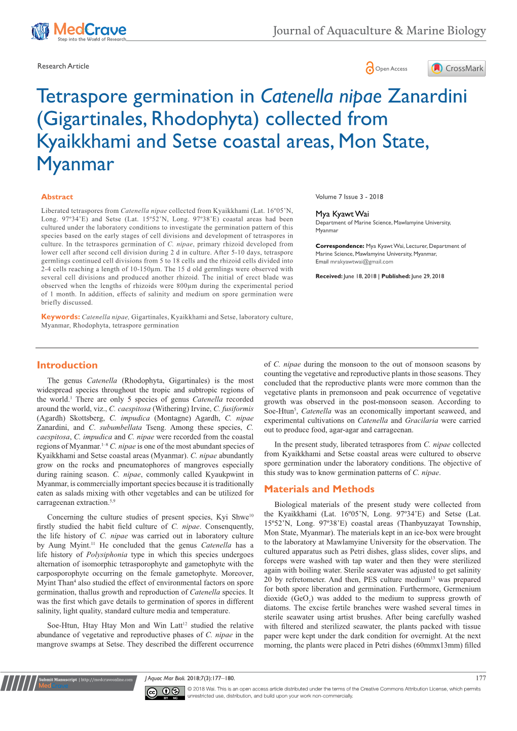 Tetraspore Germination in Catenella Nipae Zanardini (Gigartinales, Rhodophyta) Collected from Kyaikkhami and Setse Coastal Areas, Mon State, Myanmar