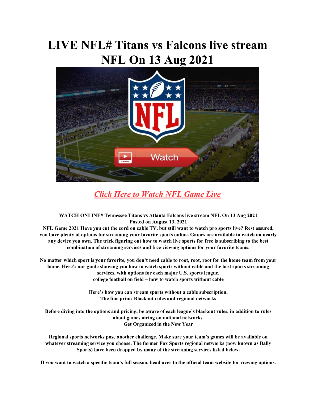 LIVE NFL# Titans Vs Falcons Live Stream NFL on 13 Aug 2021