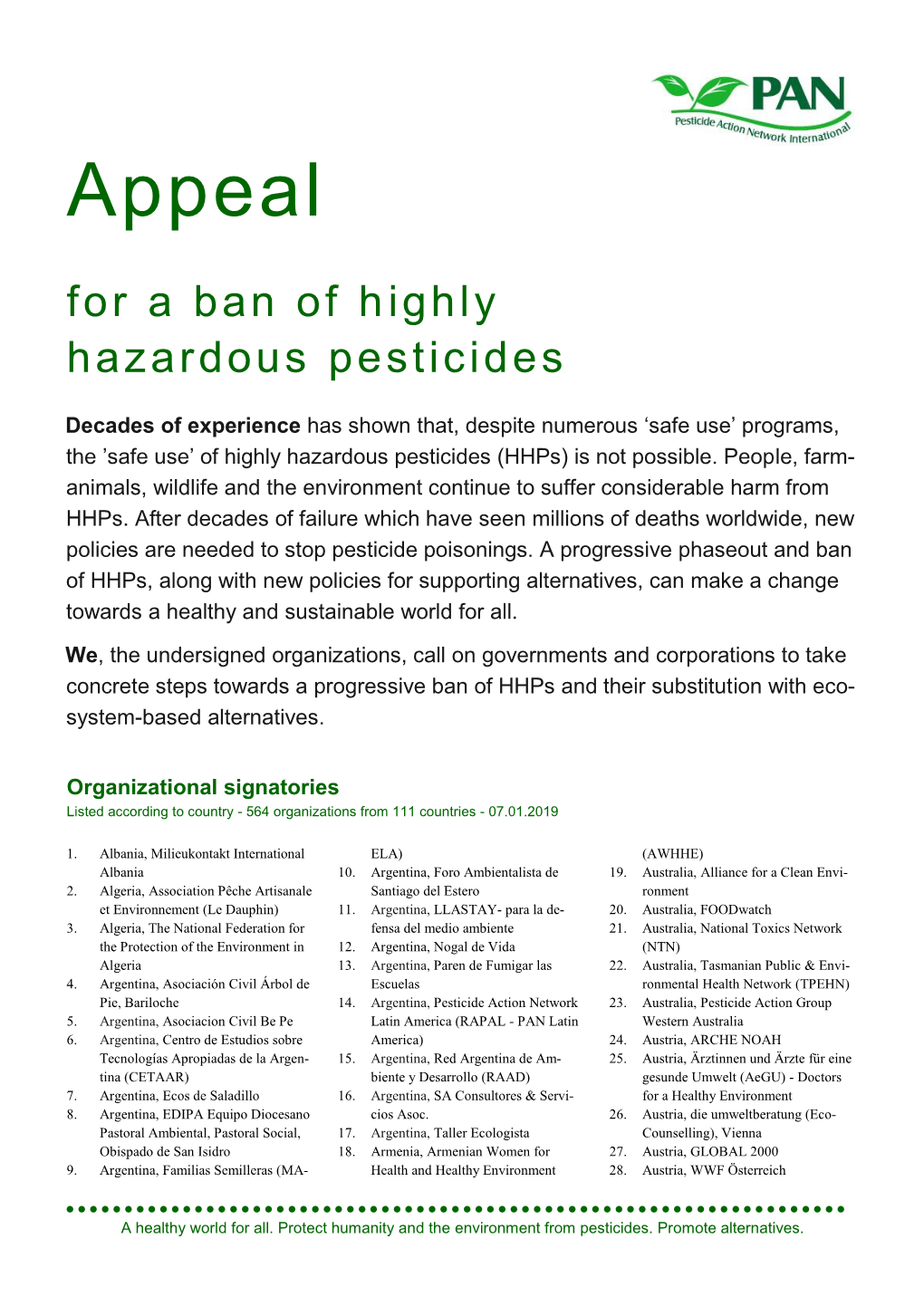 Appeal for a Ban of Highly Hazardous Pesticides