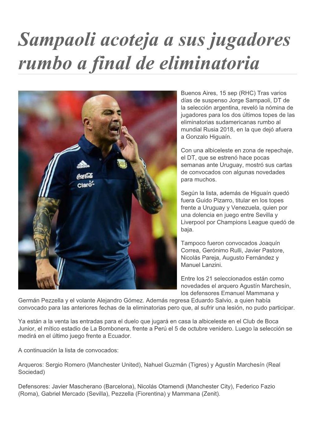 Sampaoli Acoteja a Sus Jugadores Rumbo a Final De Eliminatoria