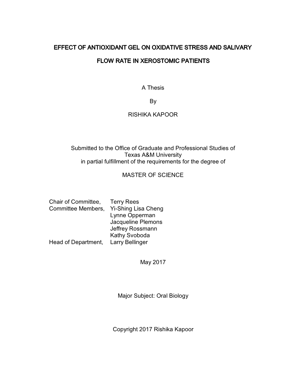 Effect of Antioxidant Gel on Oxidative Stress and Salivary