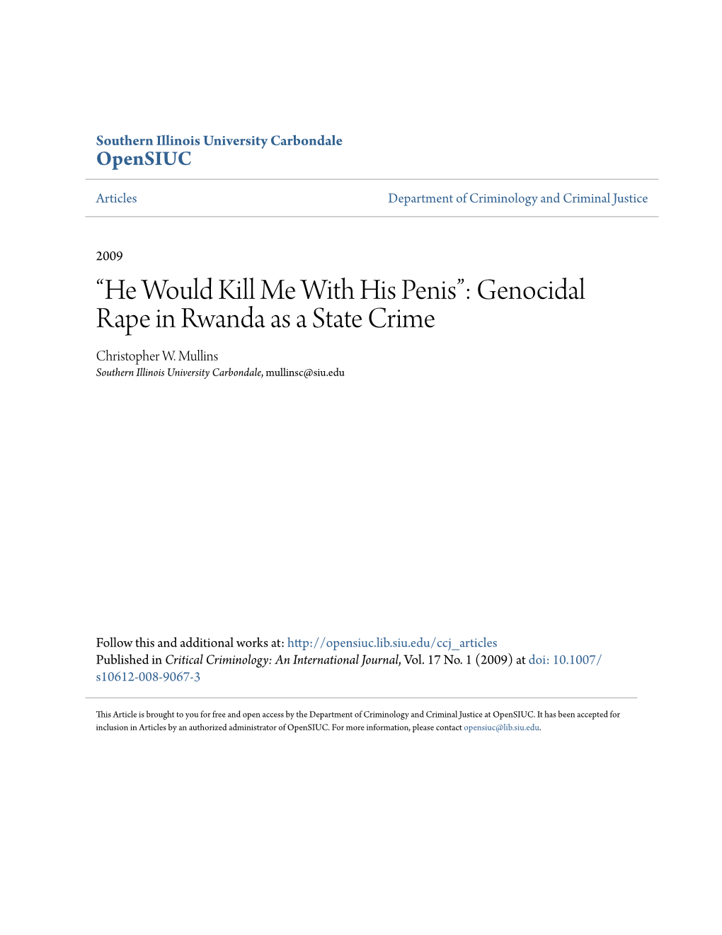 Genocidal Rape in Rwanda As a State Crime Christopher W