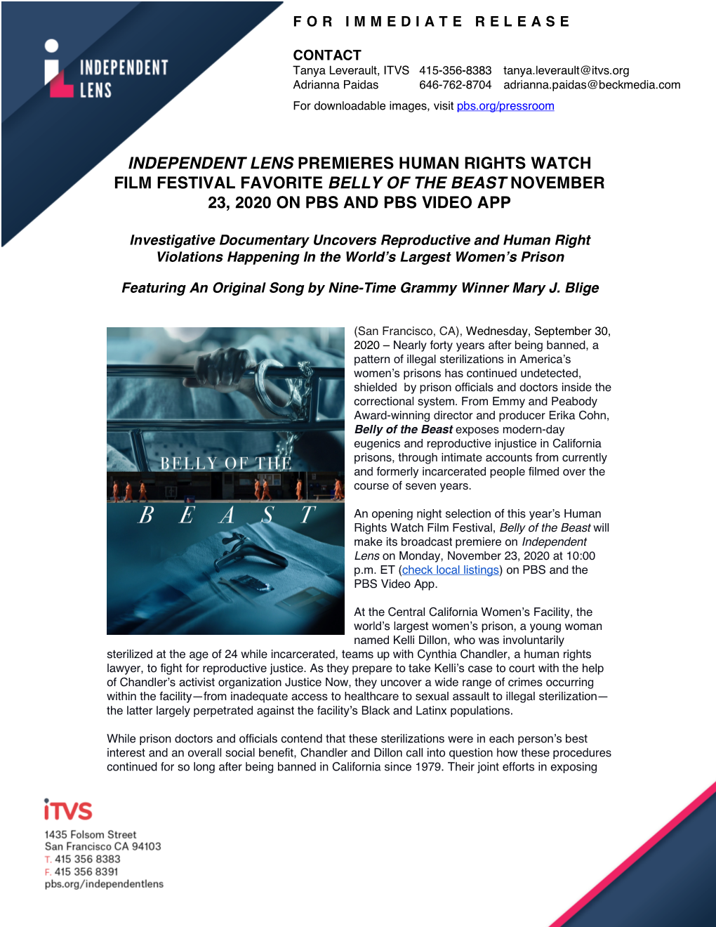 Independent Lens Premieres Human Rights Watch Film Festival Favorite Belly of the Beast November 23, 2020 on Pbs and Pbs Video App