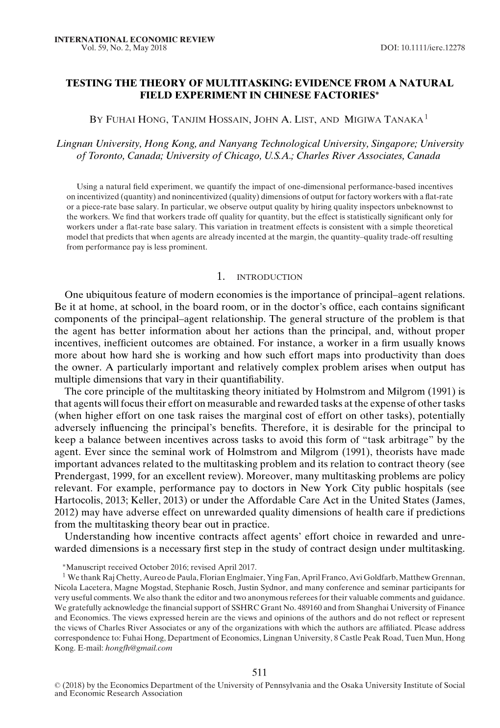 Testing the Theory of Multitasking: Evidence from a Natural Field Experiment in Chinese Factories∗