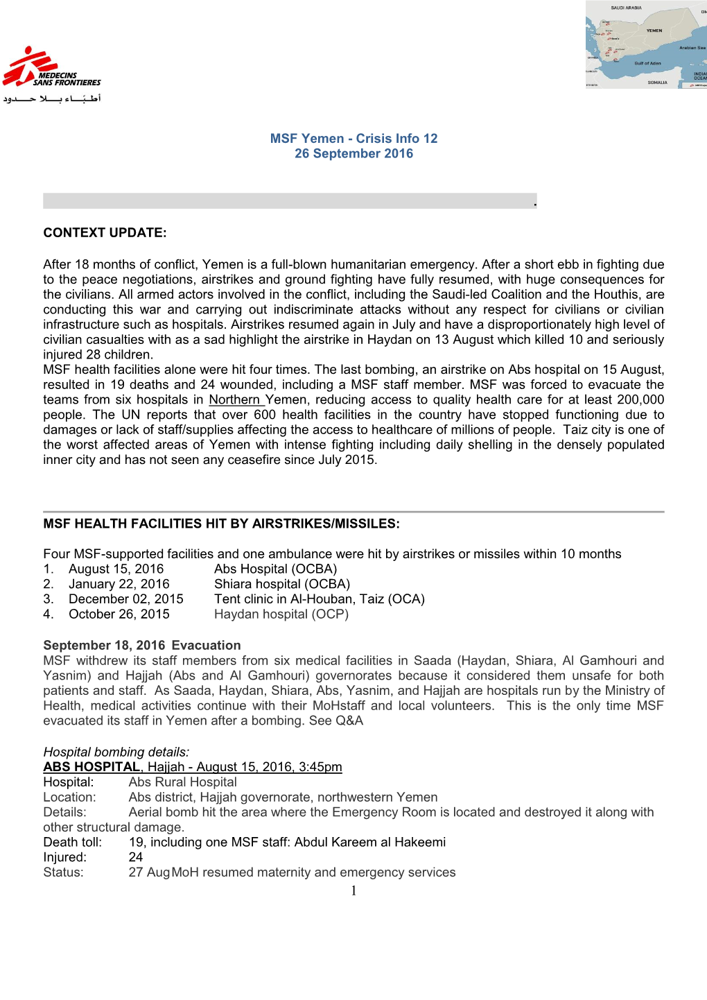 MSF Yemen - Crisis Info 12 26 September 2016