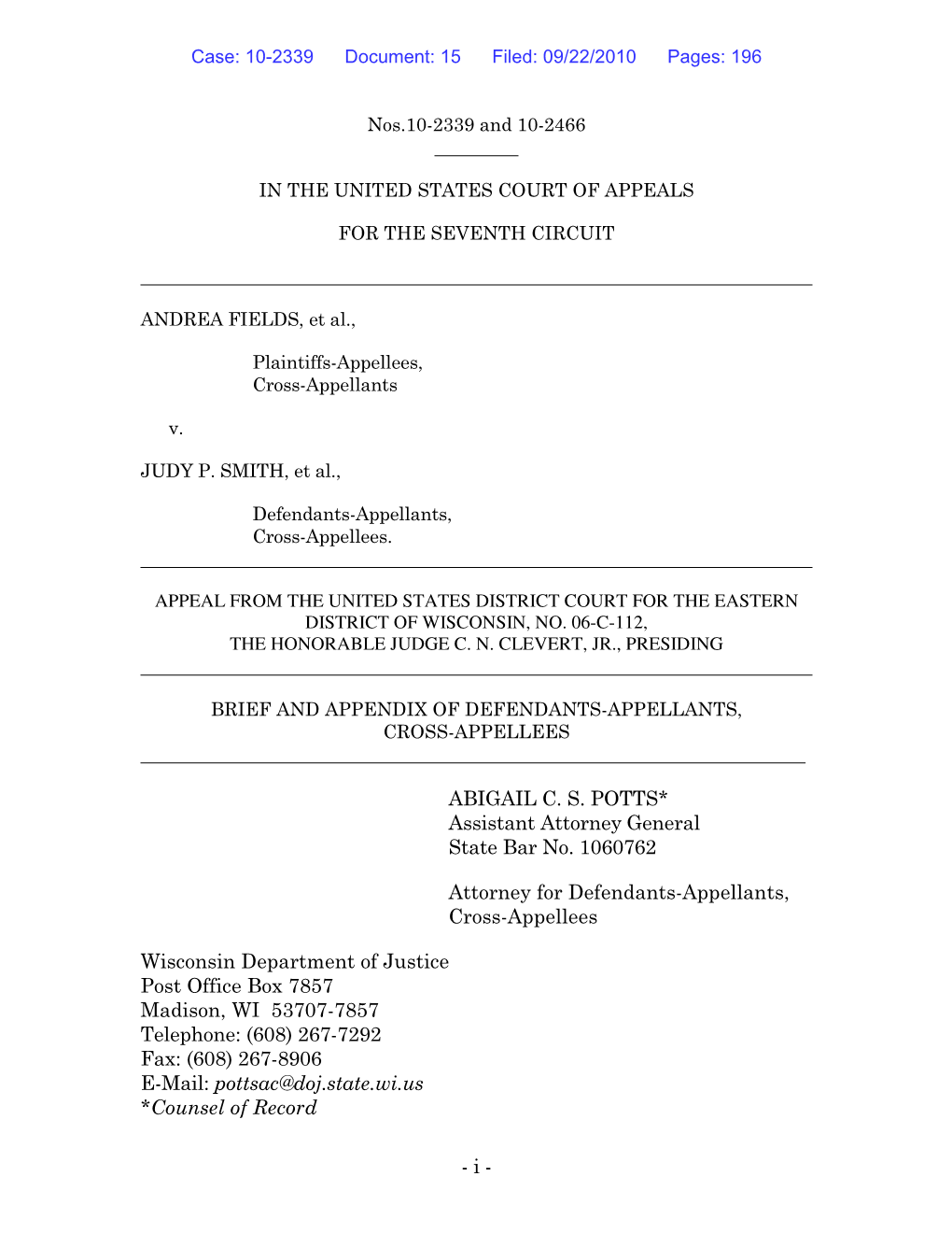 Case: 10-2339 Document: 15 Filed: 09/22/2010 Pages: 196