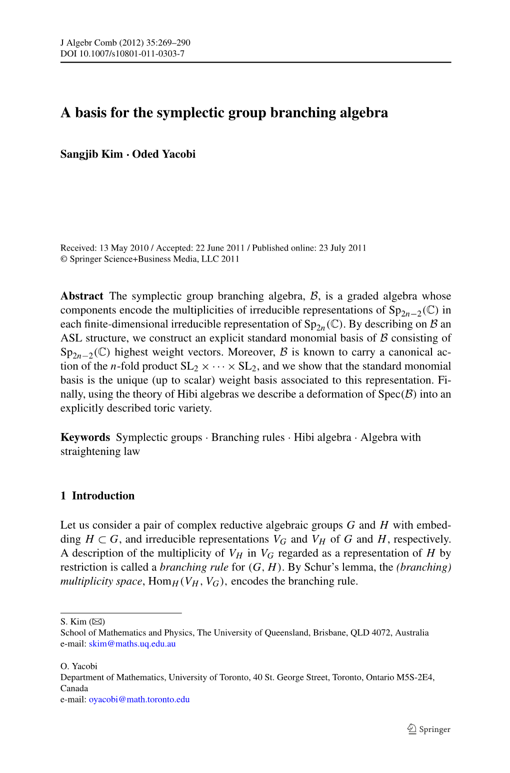 A Basis for the Symplectic Group Branching Algebra