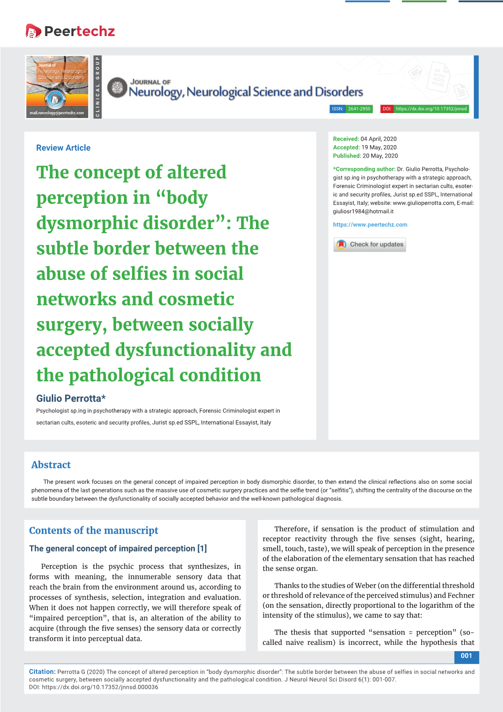 The Concept of Altered Perception in “Body Dysmorphic Disorder”