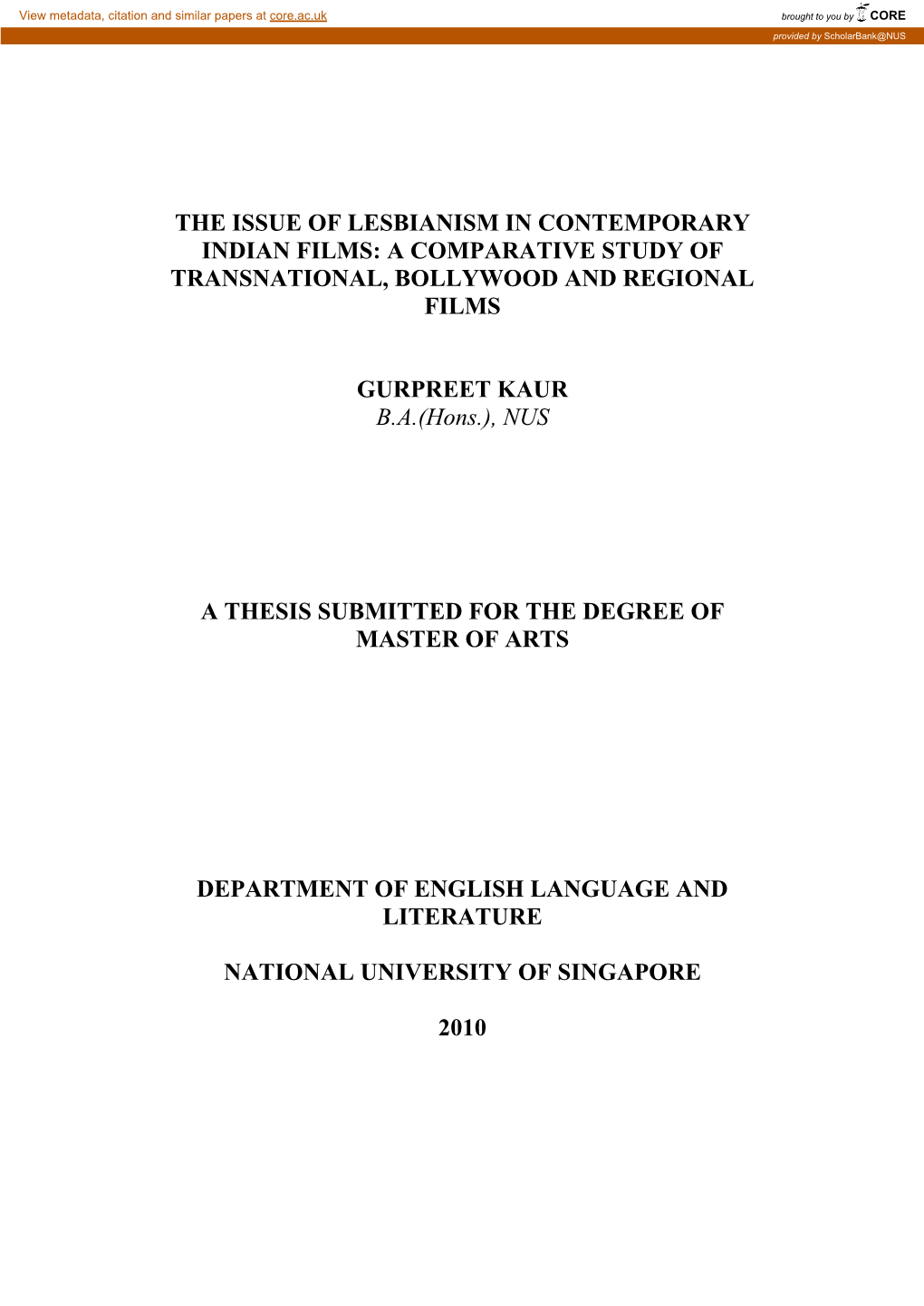 The Issue of Lesbianism in Contemporary Indian Films: a Comparative Study of Transnational, Bollywood and Regional Films