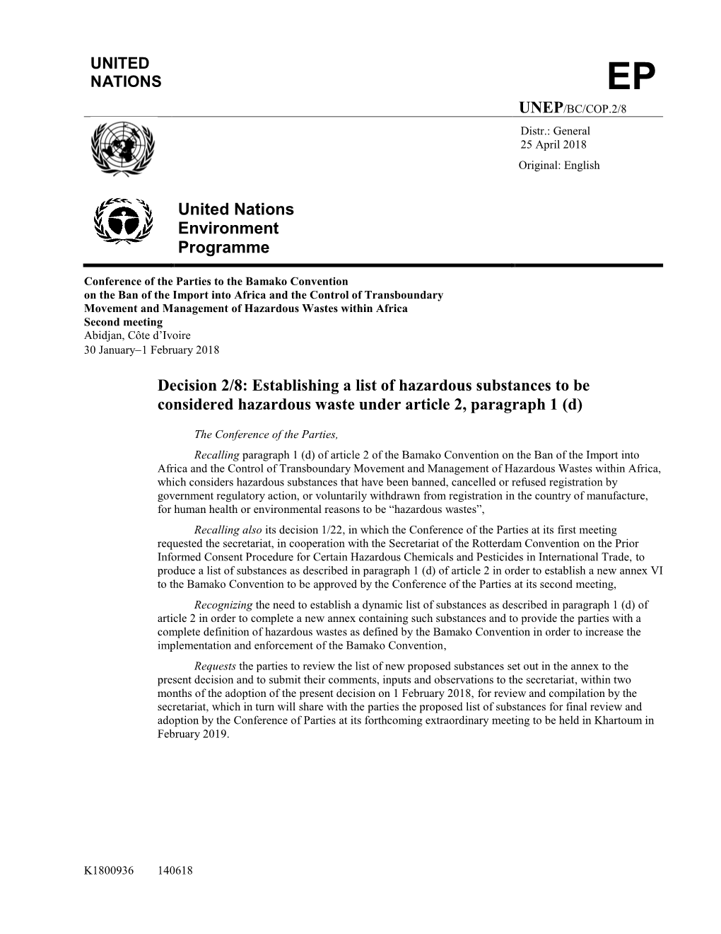 Decision 2/8: Establishing a List of Hazardous Substances to Be Considered Hazardous Waste Under Article 2, Paragraph 1 (D)