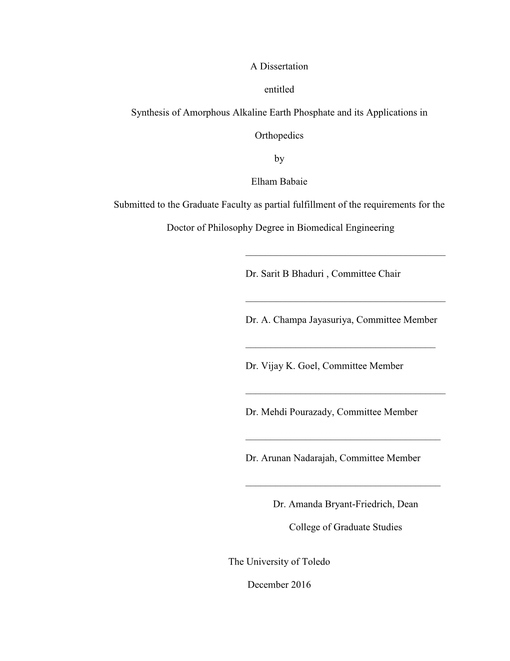 A Dissertation Entitled Synthesis of Amorphous Alkaline Earth