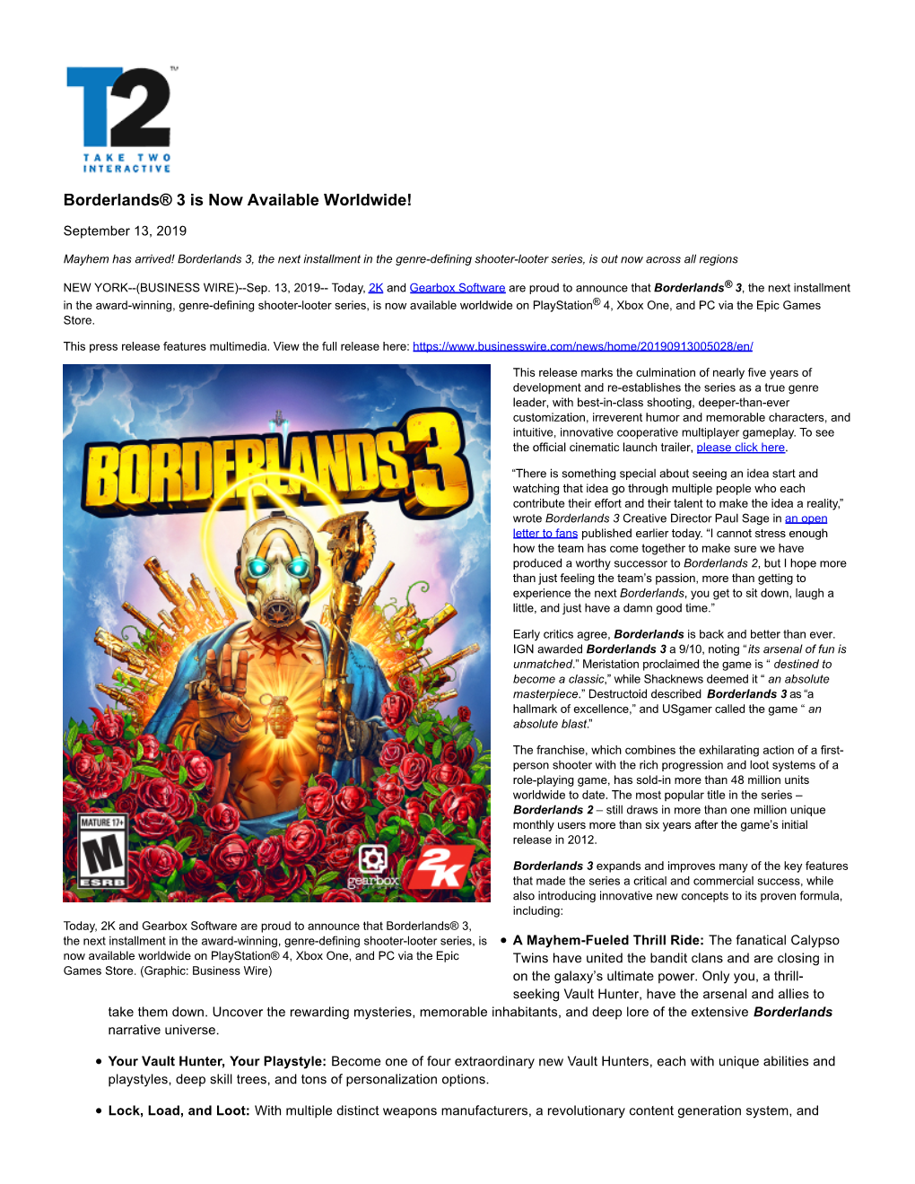 Borderlands® 3 Is Now Available Worldwide!