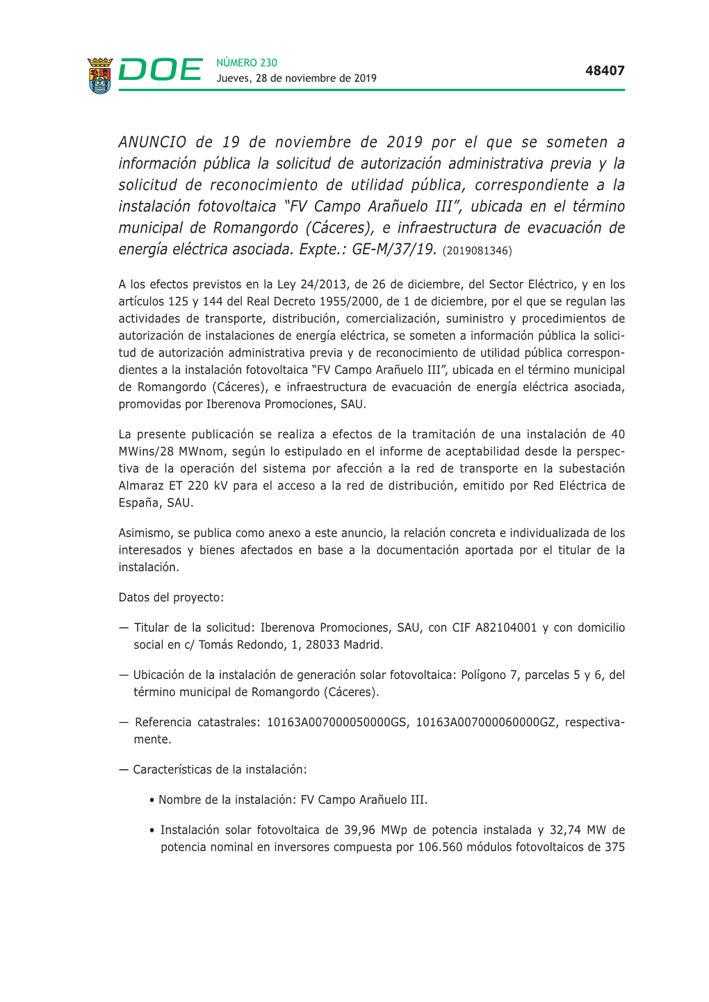 ANUNCIO De 19 De Noviembre De 2019 Por El Que Se Someten a Información Pública La Solicitud De Autorización Administrativa Pr