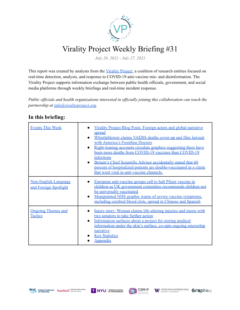 Virality Project Weekly Briefing #31 July 20, 2021 - July 27, 2021