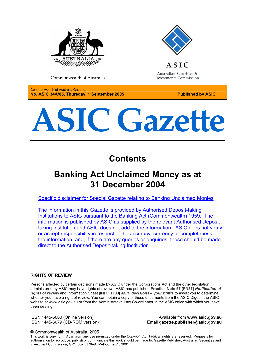 Conmmonwealth of Australia ASIC Gazette A34A/05 Dated 1