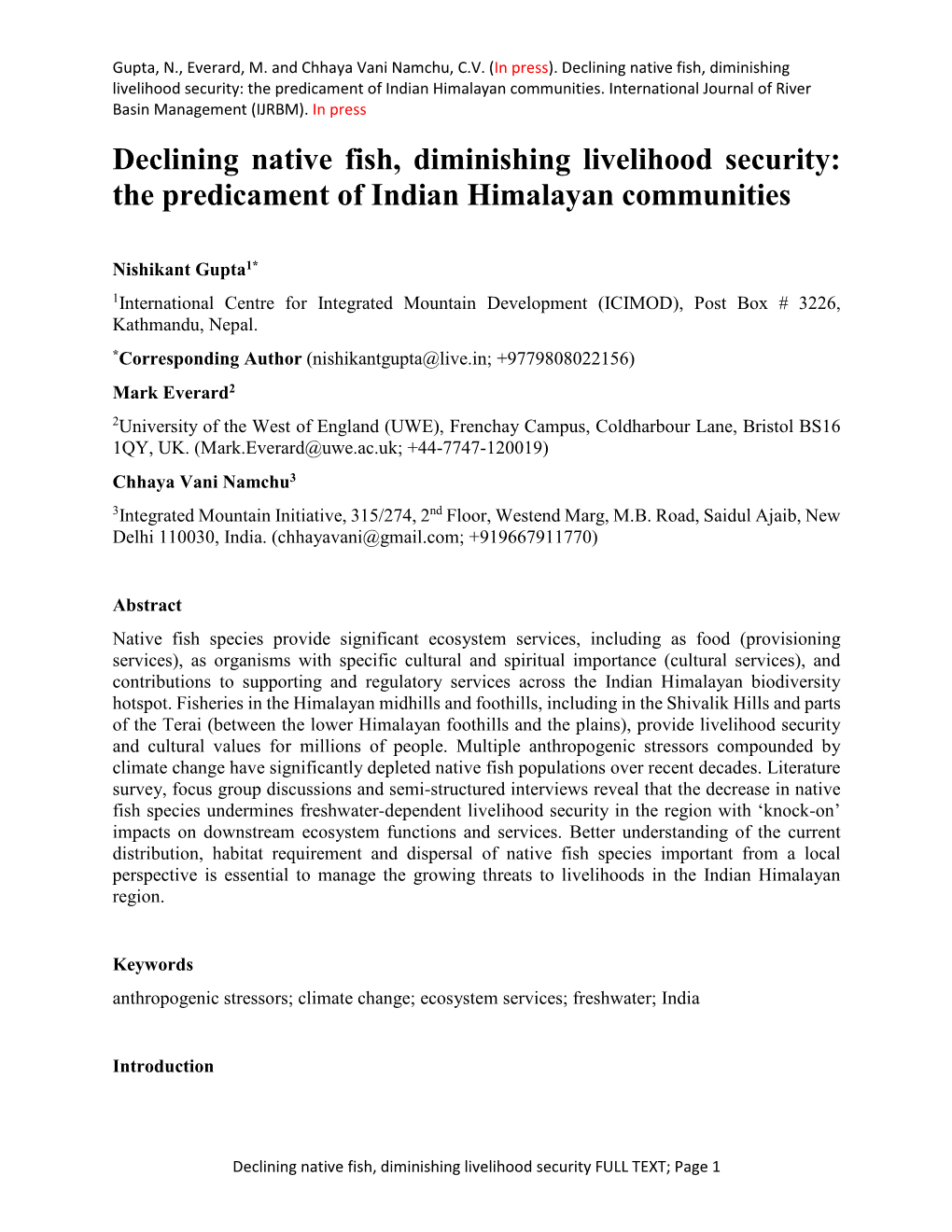 Declining Native Fish, Diminishing Livelihood Security: the Predicament of Indian Himalayan Communities