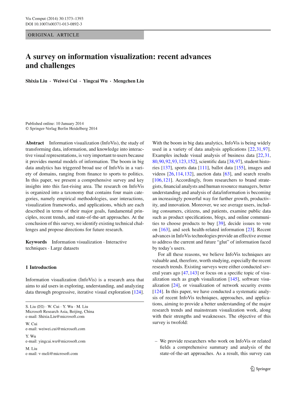 A Survey on Information Visualization: Recent Advances and Challenges