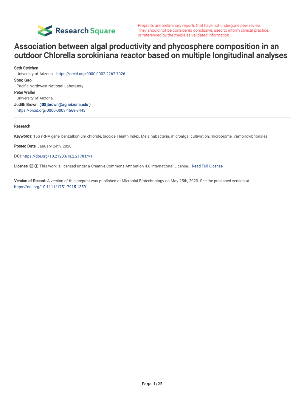 Association Between Algal Productivity and Phycosphere Composition in an Outdoor Chlorella Sorokiniana Reactor Based on Multiple Longitudinal Analyses