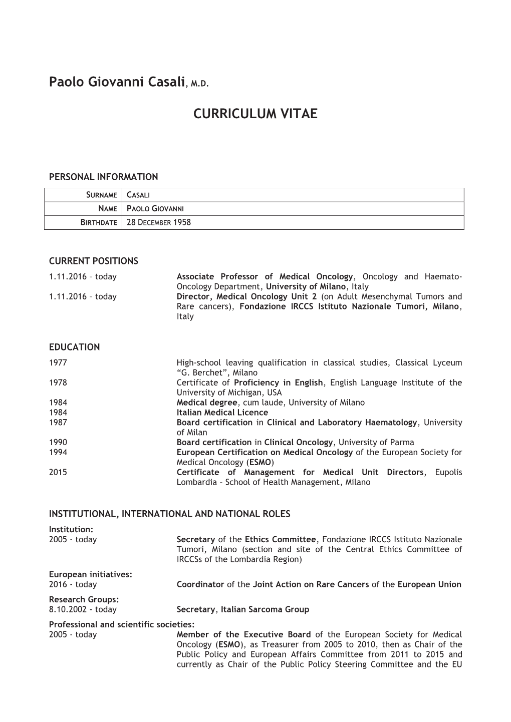 Paolo Giovanni Casali, M.D. CURRICULUM VITAE