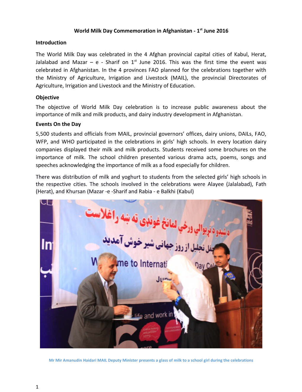 World Milk Day Commemoration in Afghanistan - 1St June 2016