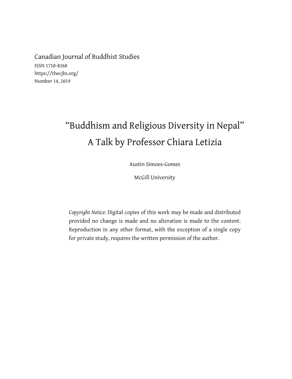 Buddhism and Religious Diversity in Nepal” a Talk by Professor Chiara Letizia