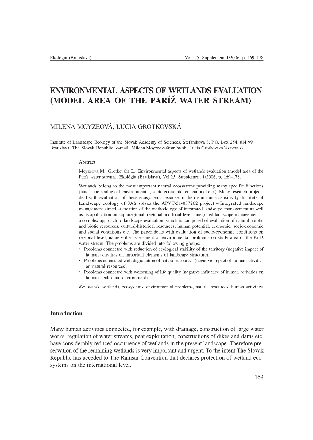 Environmental Aspects of Wetlands Evaluation (Model Area of the Paríž Water Stream)