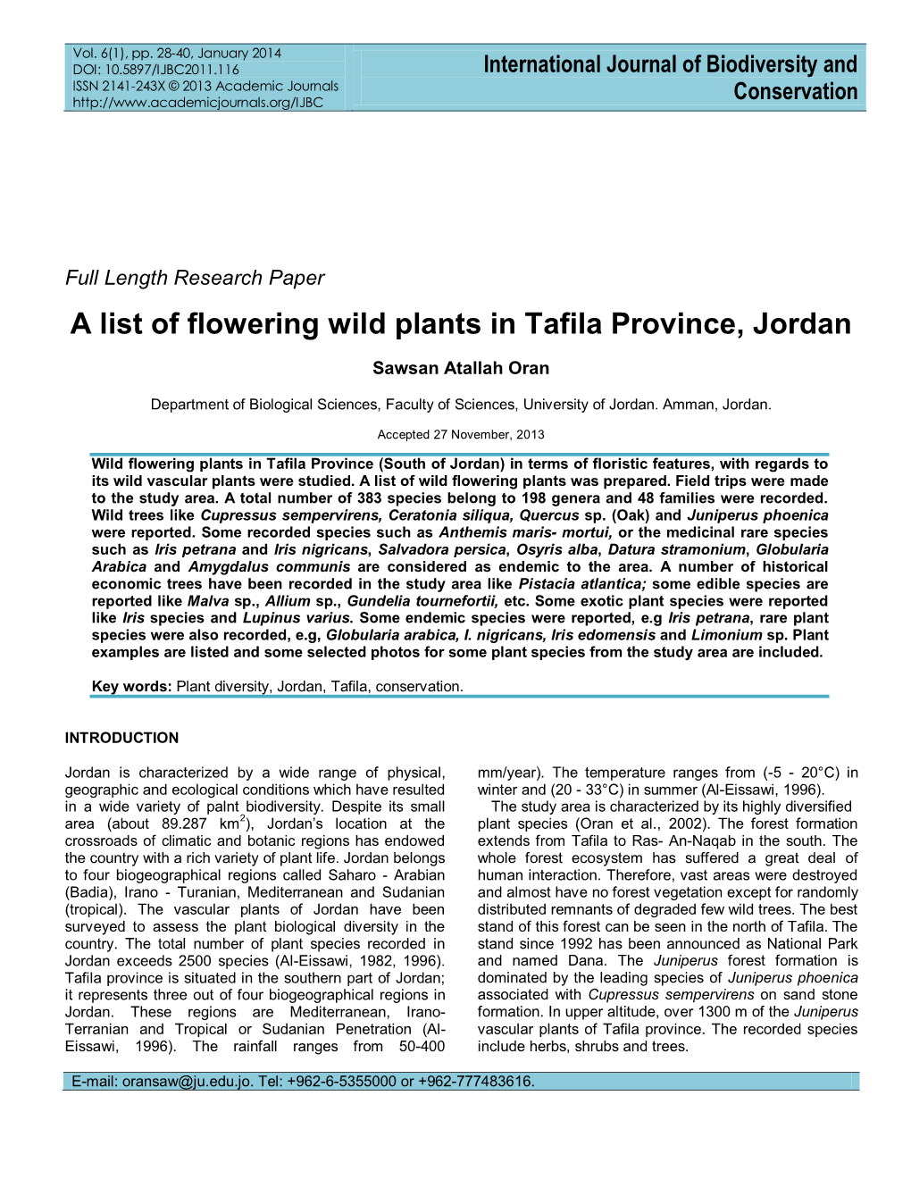 A List of Flowering Wild Plants in Tafila Province, Jordan