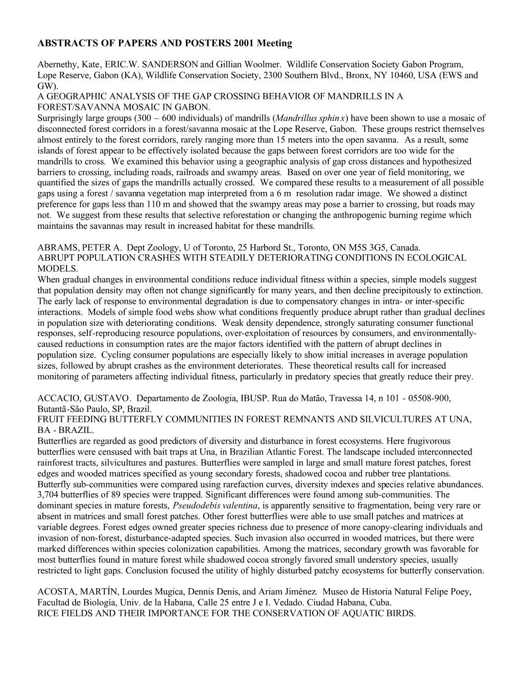 ABSTRACTS of PAPERS and POSTERS 2001 Meeting