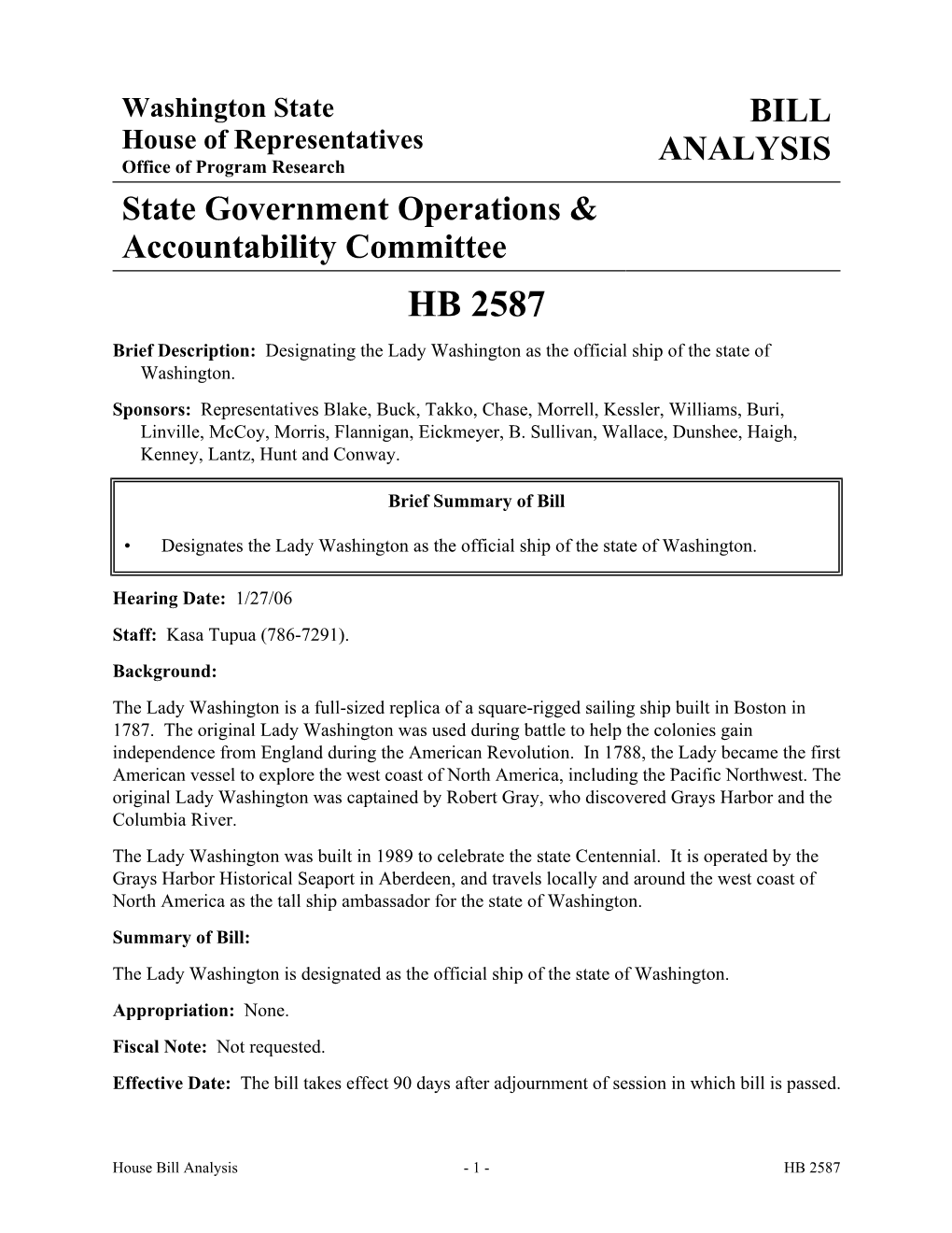 HB 2587 Brief Description: Designating the Lady Washington As the Official Ship of the State of Washington