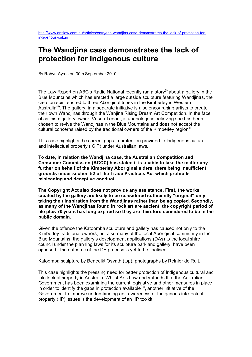 The Wandjina Case Demonstrates the Lack of Protection for Indigenous Culture