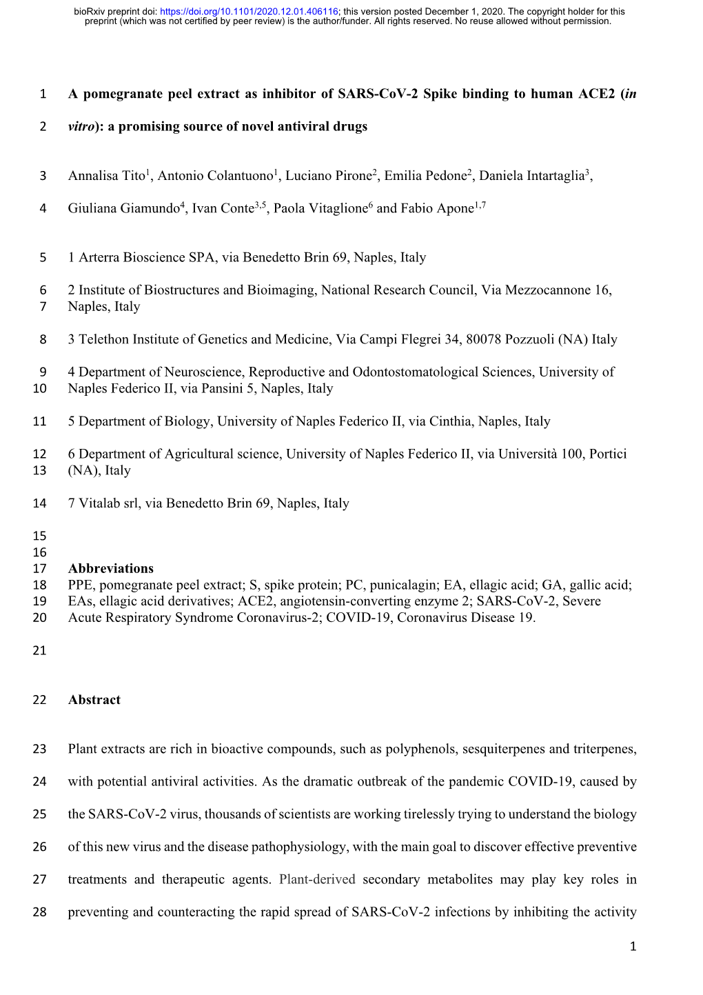 A Pomegranate Peel Extract As Inhibitor of SARS-Cov-2 Spike Binding to Human ACE2 (In