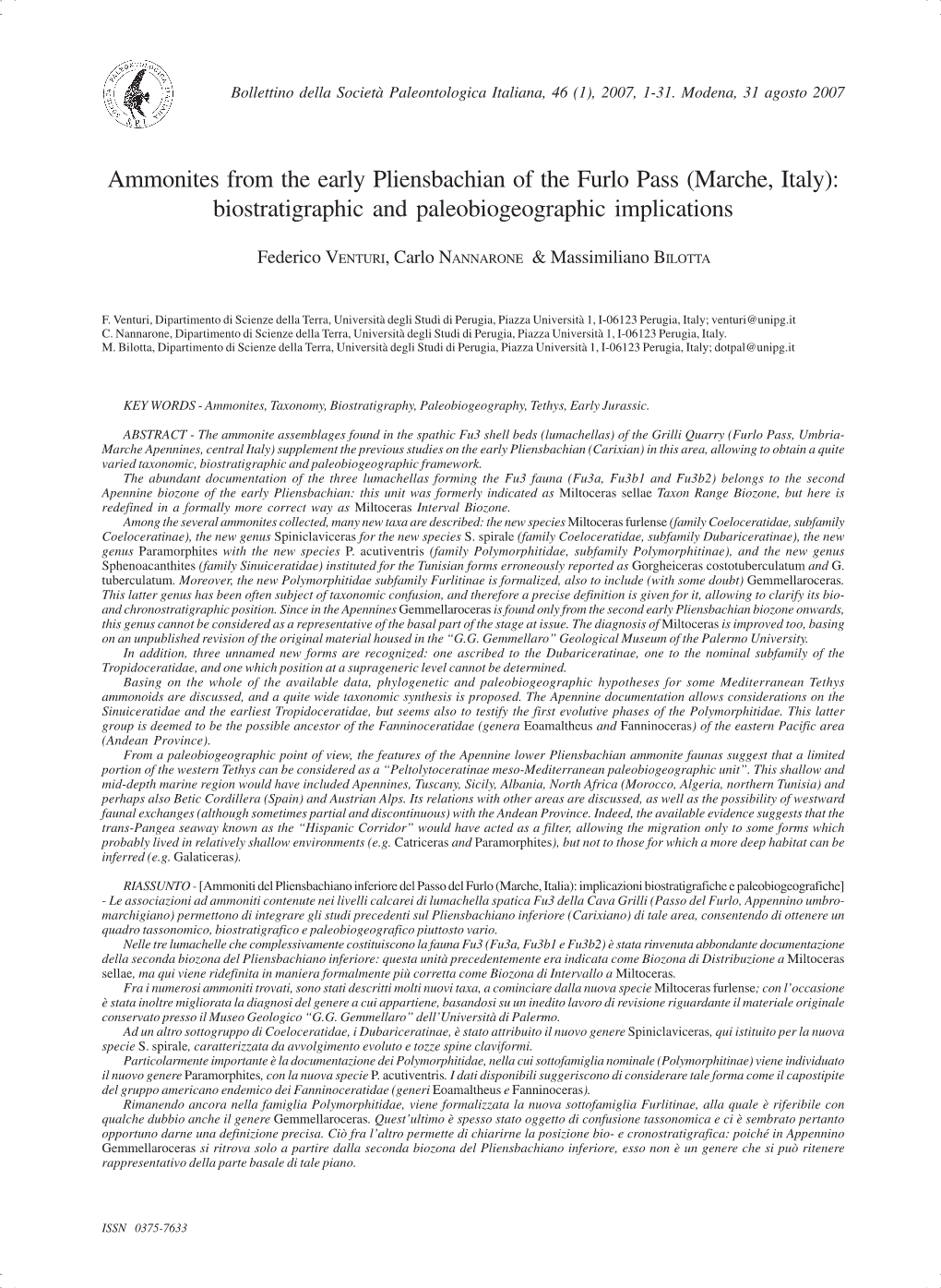 Ammonites from the Early Pliensbachian of the Furlo Pass (Marche, Italy): Biostratigraphic and Paleobiogeographic Implications