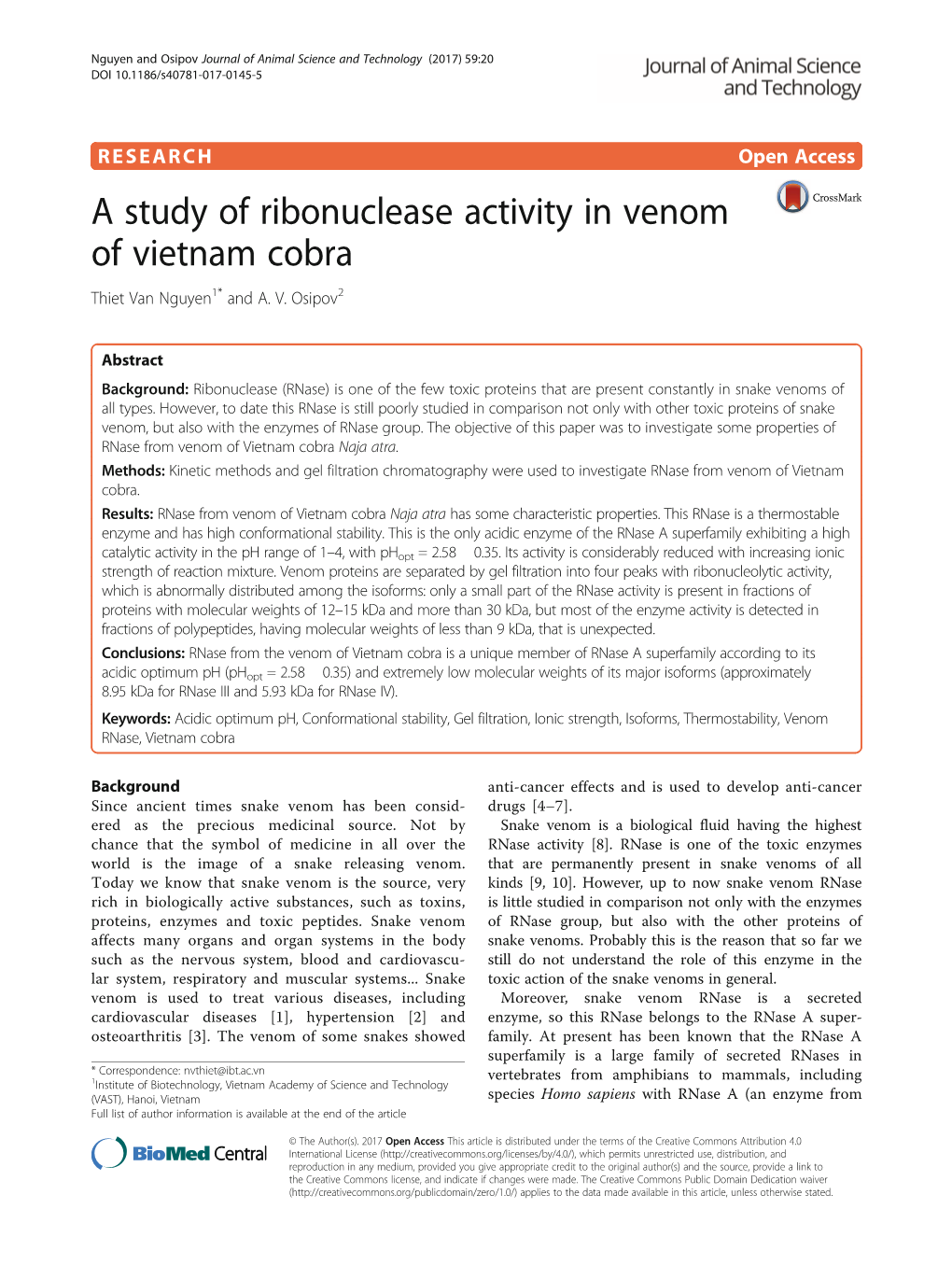 A Study of Ribonuclease Activity in Venom of Vietnam Cobra Thiet Van Nguyen1* and A