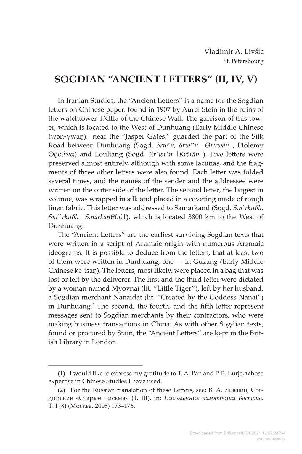 Sogdian “Ancient Letters” (Ii, Iv, V)