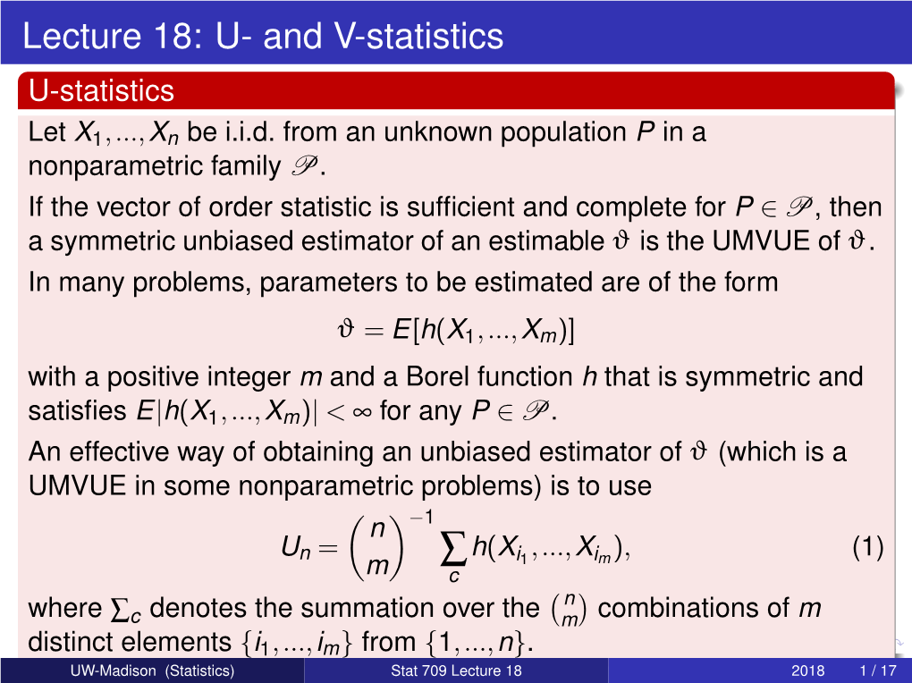 Stat 709: Mathematical Statistics Lecture 30