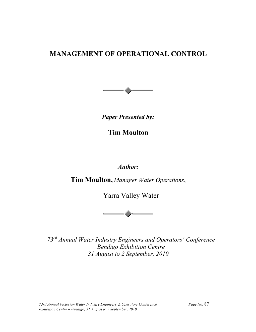 MANAGEMENT of OPERATIONAL CONTROL Tim Moulton Yarra