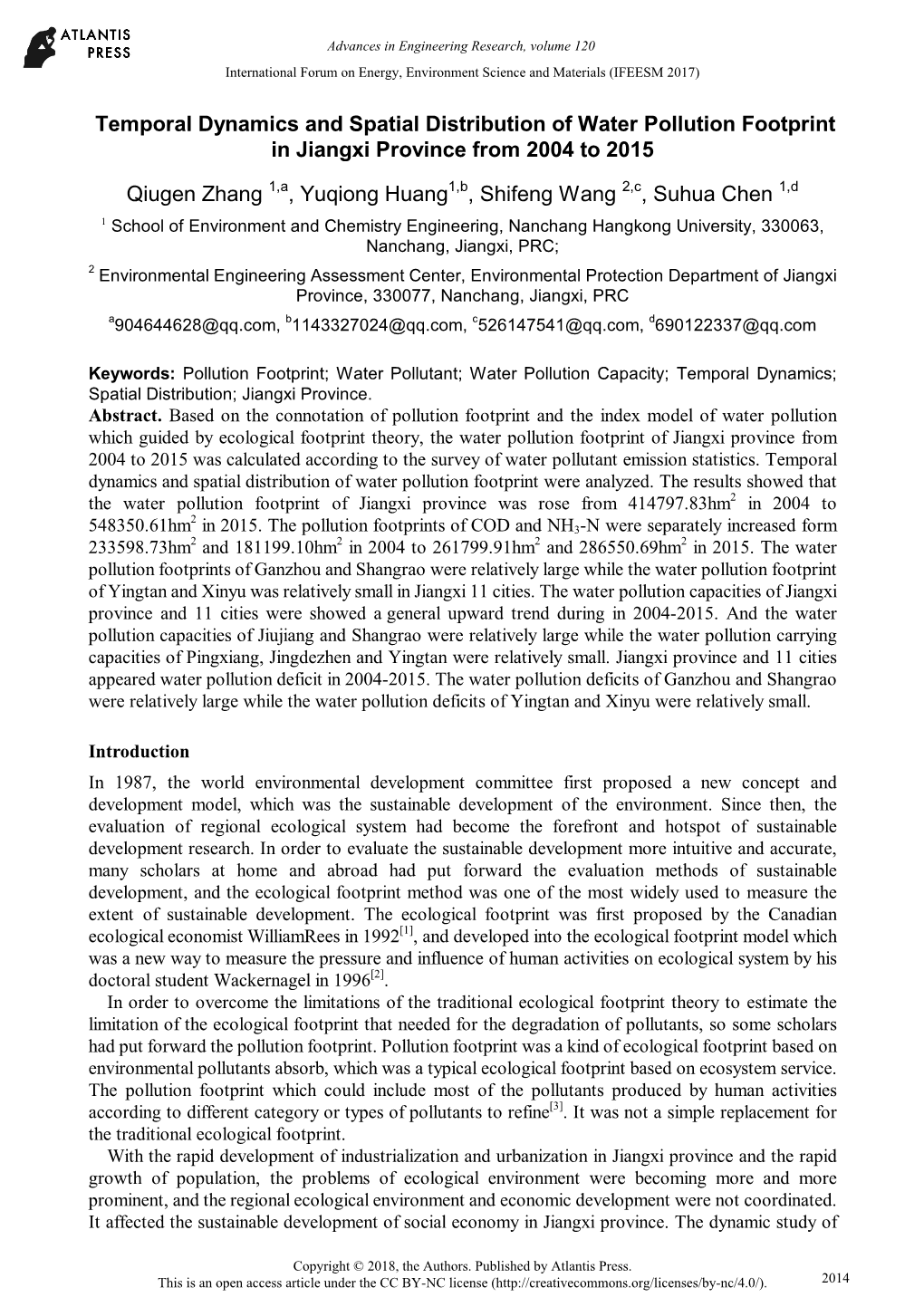 Temporal Dynamics and Spatial Distribution of Water Pollution Footprint in Jiangxi Province from 2004 to 2015