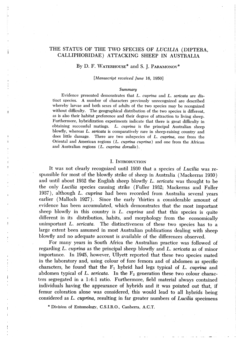 The Status of the Two Species of Lucilia (Diptera, Calliphoridae) Attacking Sheep in Austhalia