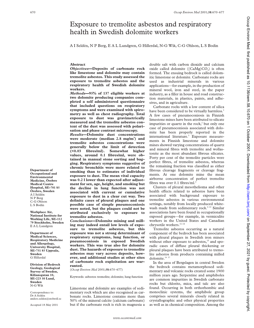 Exposure to Tremolite Asbestos and Respiratory Health in Swedish Dolomite Workers