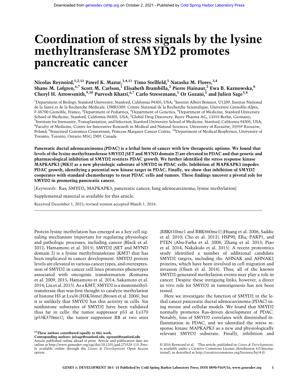 Coordination of Stress Signals by the Lysine Methyltransferase SMYD2 Promotes Pancreatic Cancer