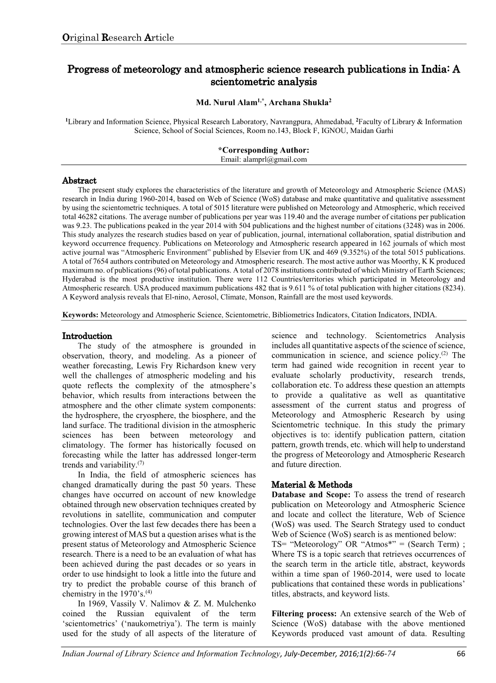 Progress of Meteorology and Atmospheric Science Research Publications in India: a Scientometric Analysis